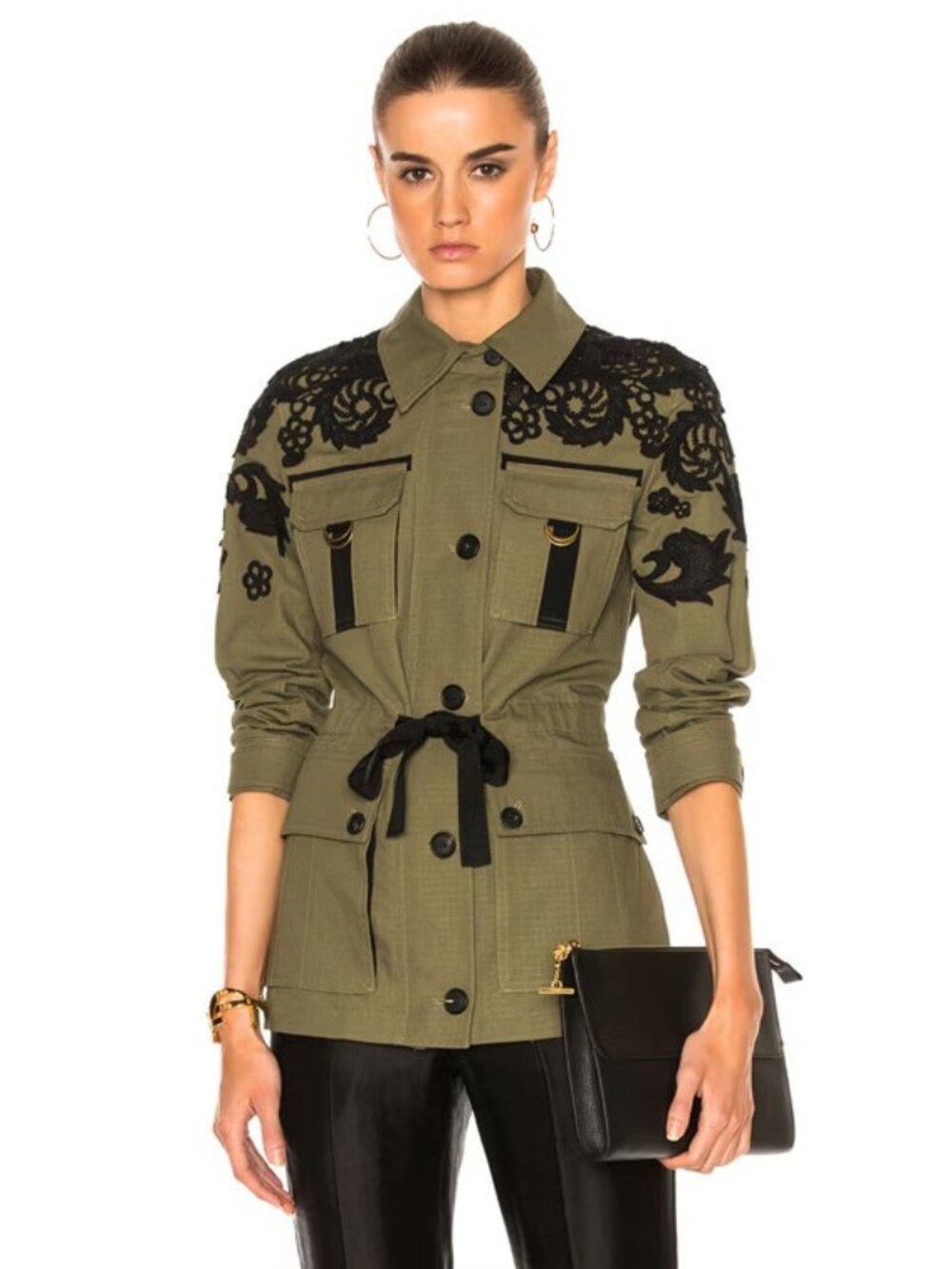 Veronica Beard Heritage Olive Utility Field Jacket W/ Black Lace Decals Size 8
